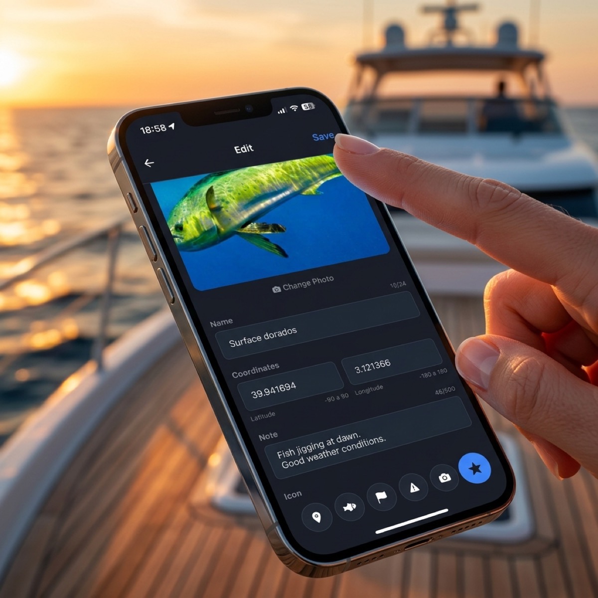 Interfaz de usuario de CAPTA mostrando la precisión de un punto de pesca sobre relieve submarino