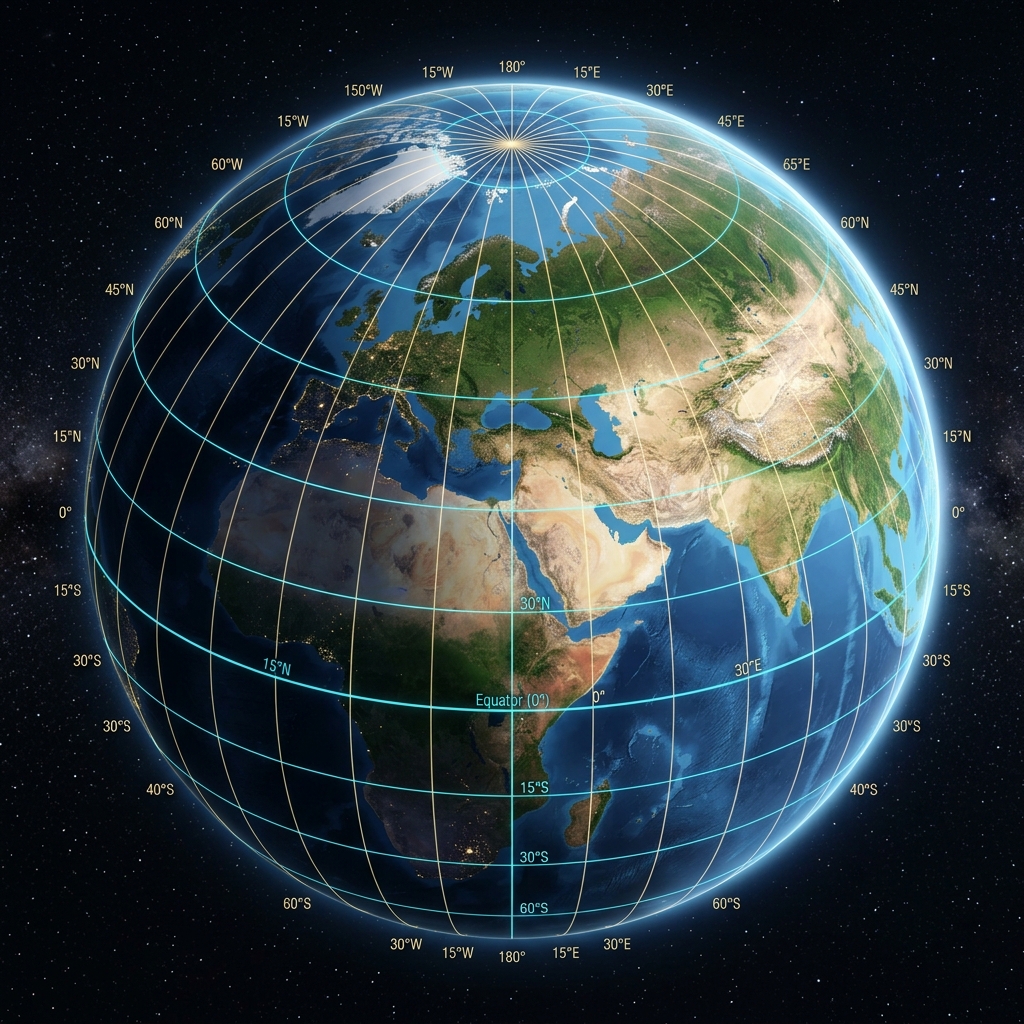 Technical diagram of latitude and longitude on a 3D sphere