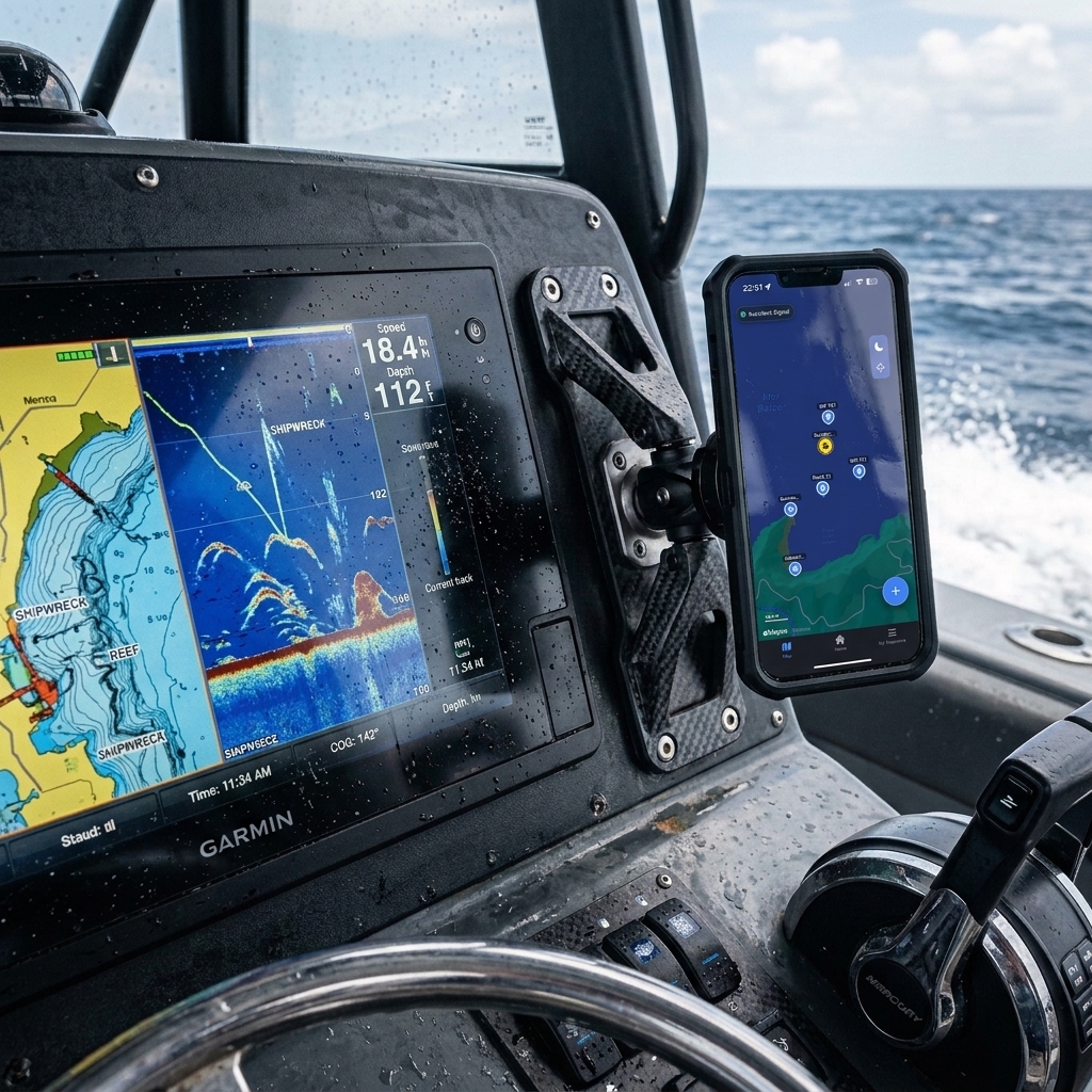 Consola de un barco mostrando un plotter Garmin y un smartphone con la app CAPTA trabajando en conjunto para navegación náutica.