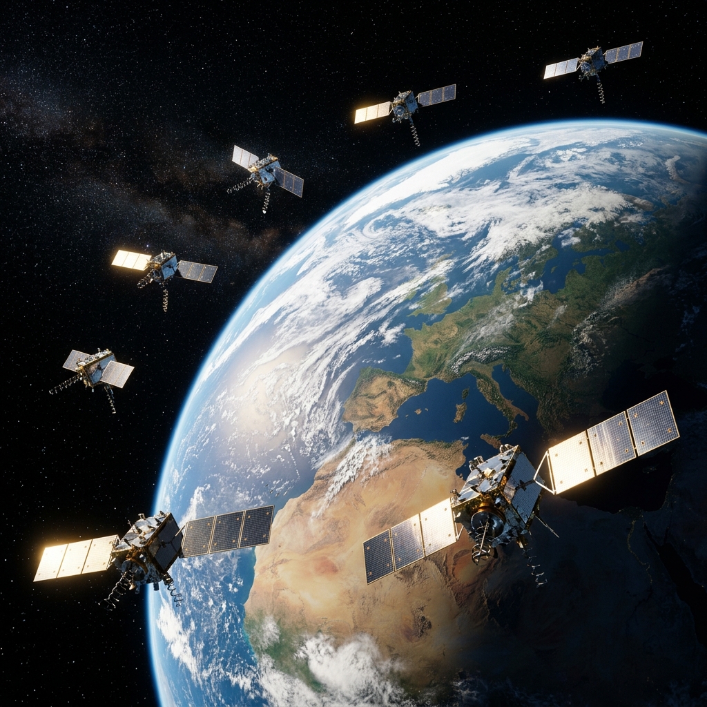 Visualización técnica de la constelación de satélites GPS orbitando la Tierra