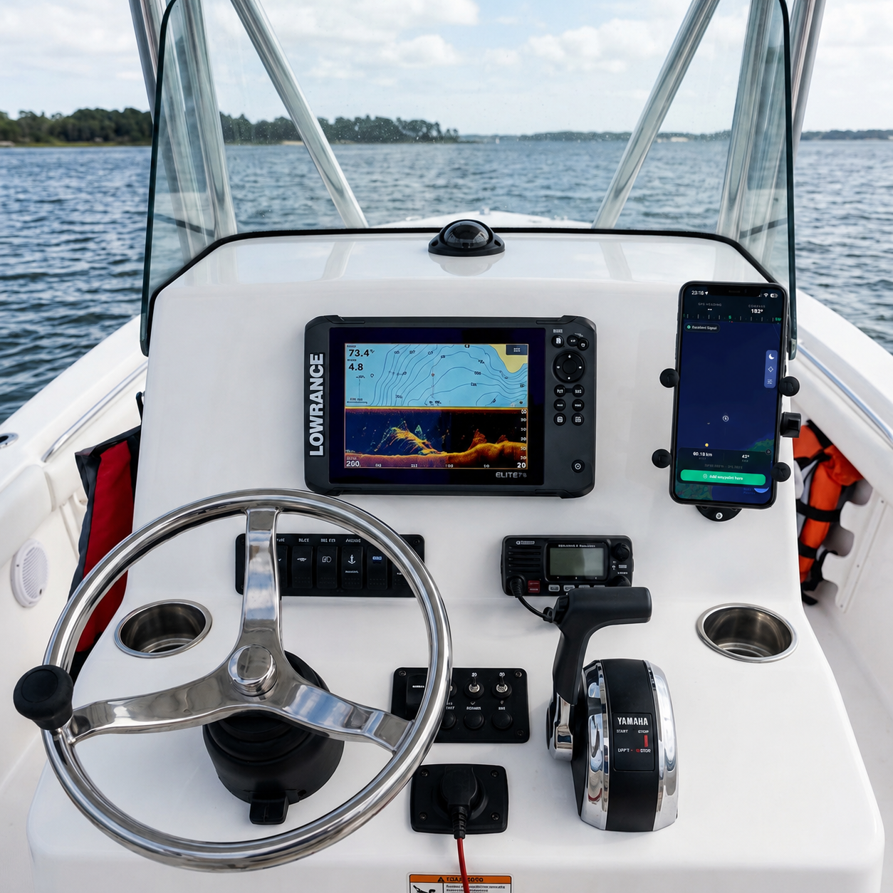 Boat console with a Lowrance Elite FS7 sonar turned on and a mobile with CAPTA in dark mode.