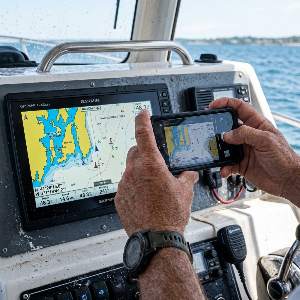 Technical gesture of scanning GPS coordinates directly from the plotter with the mobile camera.