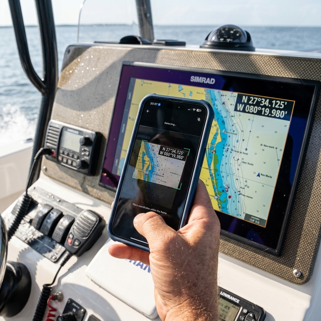 Acción de escaneo OCR con un móvil capturando las coordenadas directamente desde la pantalla de un plotter Simrad en el barco.