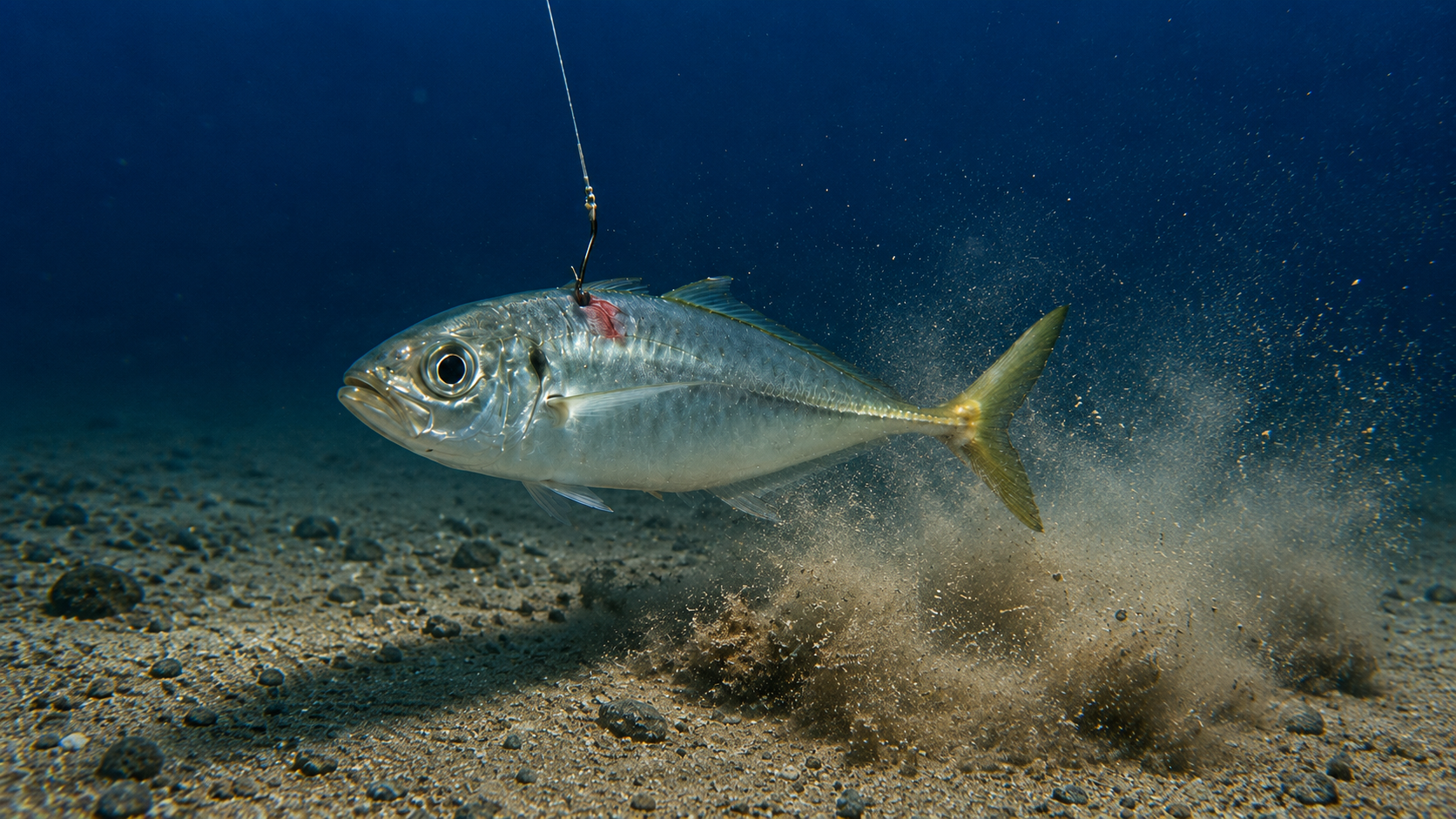 Cardume de carapaus localizado com sabiki para conseguir isca viva antes de pescar peixe-galo