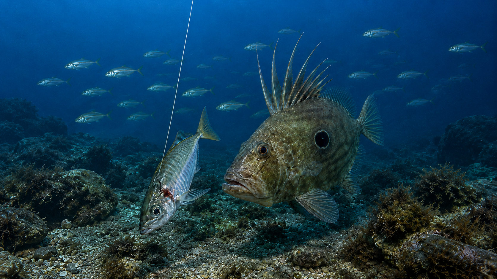 Pesca do peixe-galo com carapau vivo sobre o fundo profundo do mar