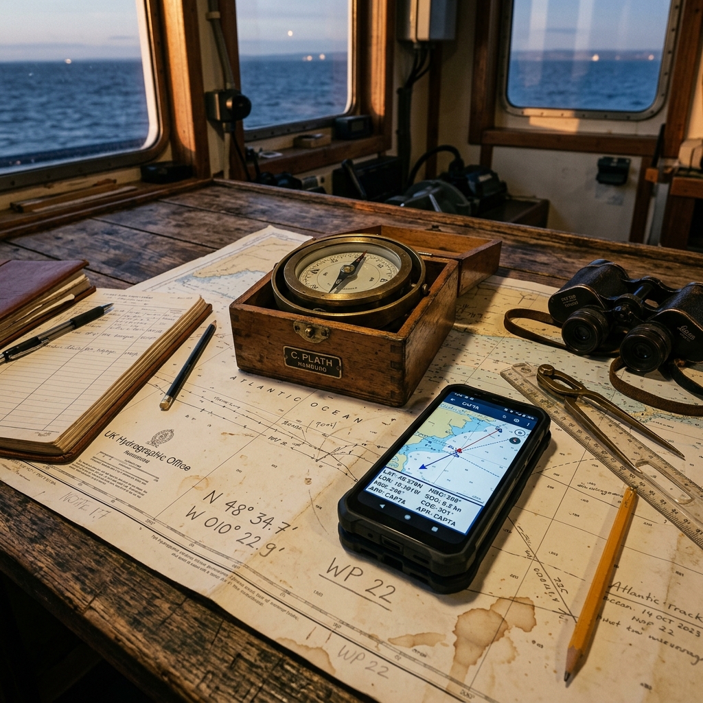 Station de navigation technique avec anciennes cartes nautiques, boussole et smartphone CAPTA pour la numérisation