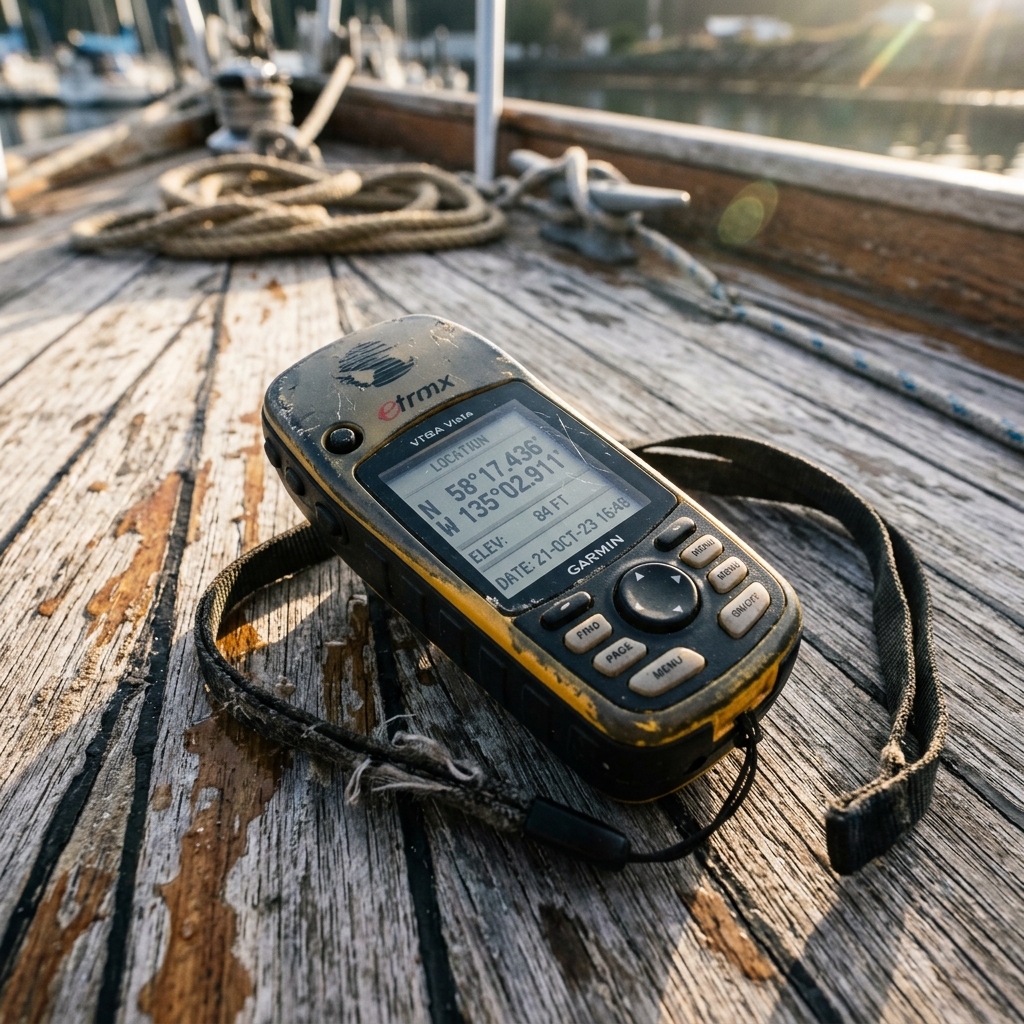 photographie d'un vieux GPS avec des coordonnées reflétées sur l'écran