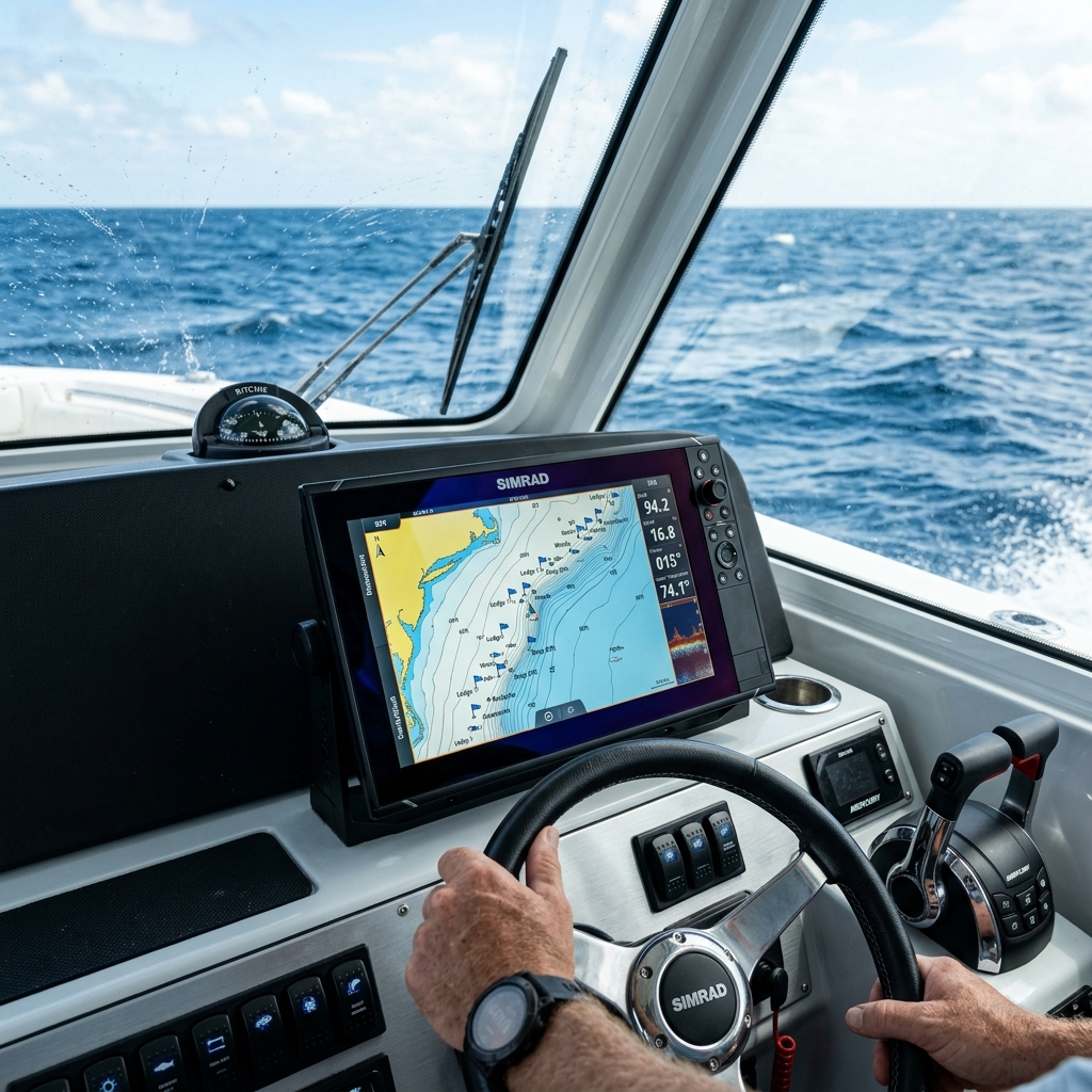Pescador frustrado mirando la pantalla de un plotter Garmin con cientos de waypoints en la consola de un barco.