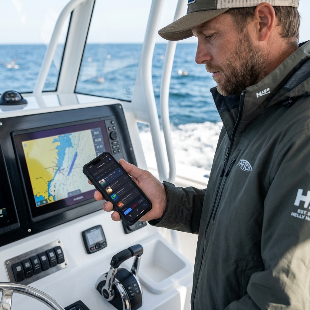 Pescador consultando su listado de waypoints privados en la app CAPTA, con datos de clima y capturas integrados.