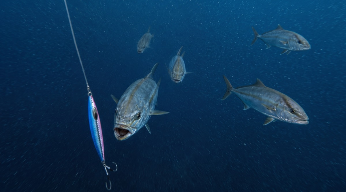 Banc de poissons fourrage sur le sondeur, cible des sérioles