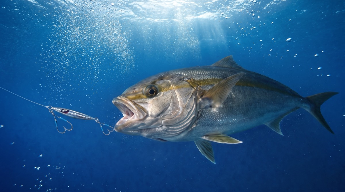 Capture d'une sériole à bord du bateau en haute mer