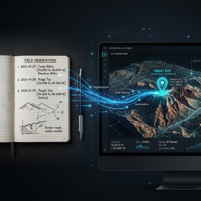 Technical diagram showing the workflow of digitizing coordinates from paper to a digital map